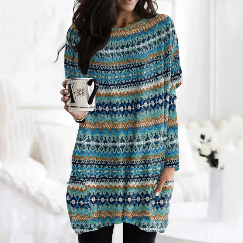 Vintage Icelandic Tribal Knitted Warm Round Neck Mid-Length Sweater Dress