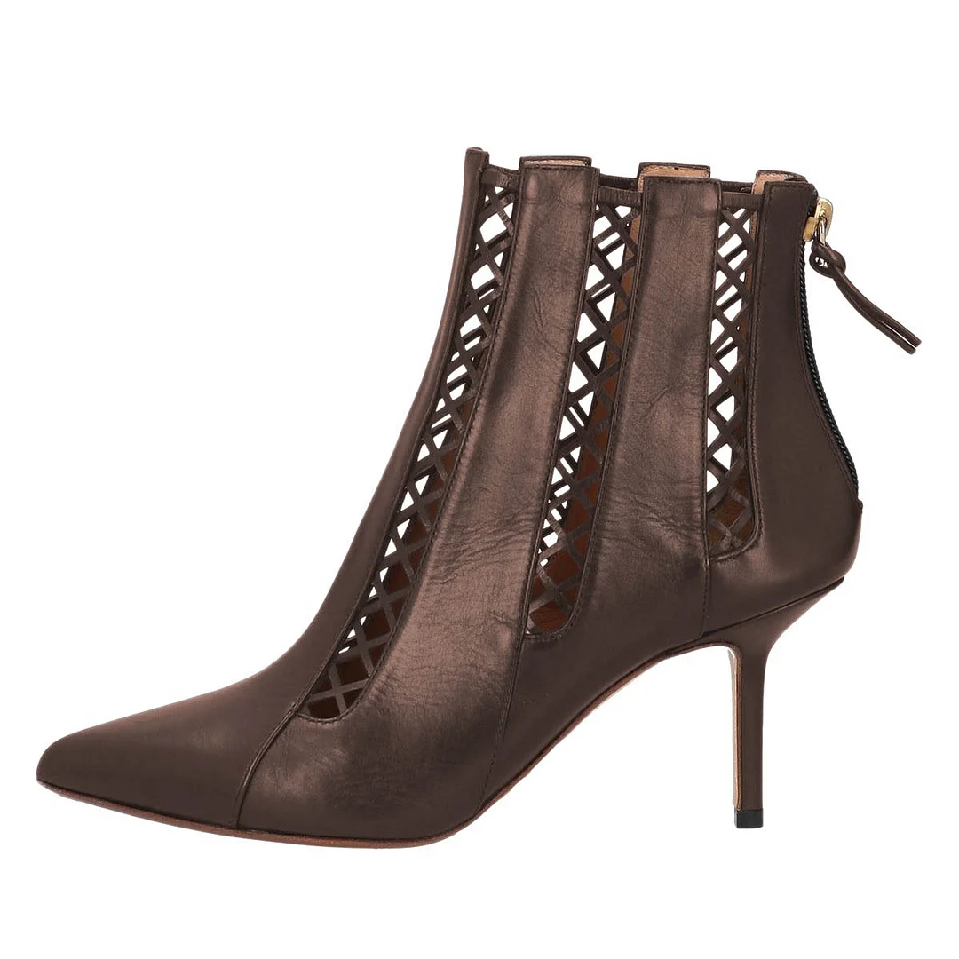 Brown Stiletto Heel Cut Out Back Zipper Short Boots for Women