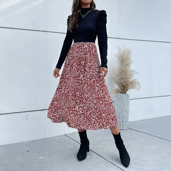 Women's Fashion Long Sleeve Panel Casual Midi Dress