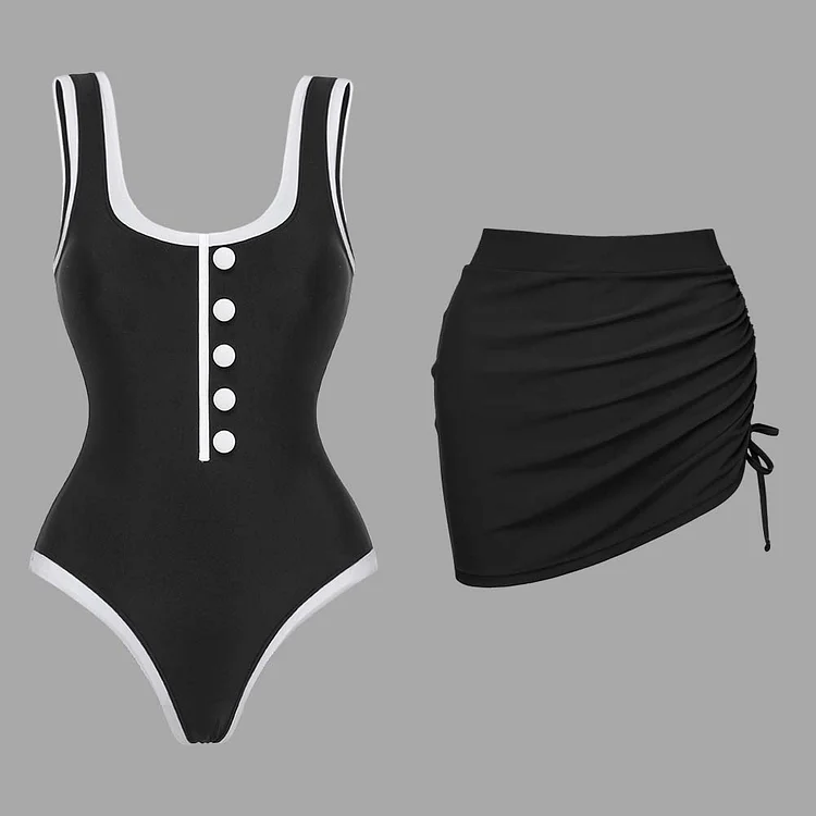 White Buttoned Tummy Control One-Piece Swimsuit and Skirt