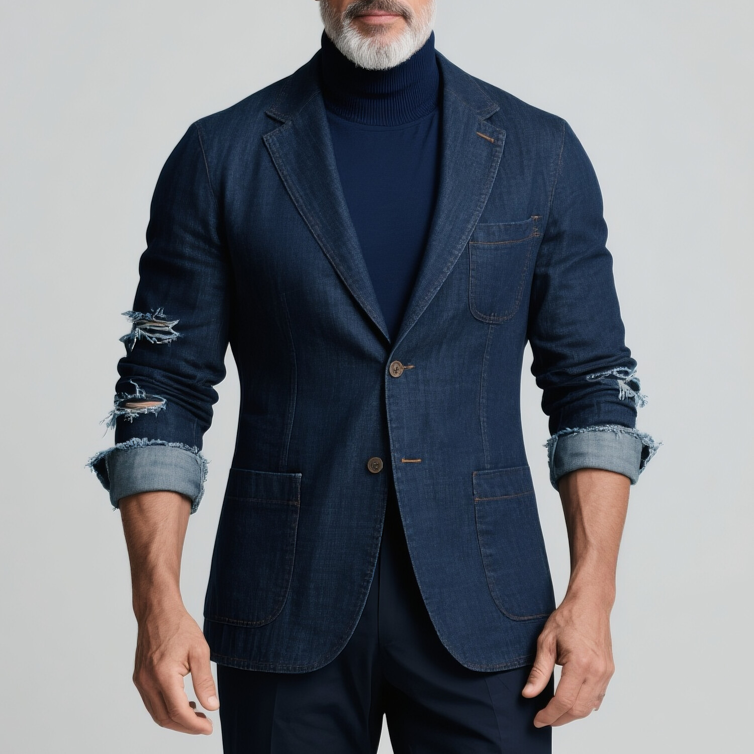 Men's Notch Lapel Two Button Patch Pocket Long Sleeve Ripped Denim Blazer