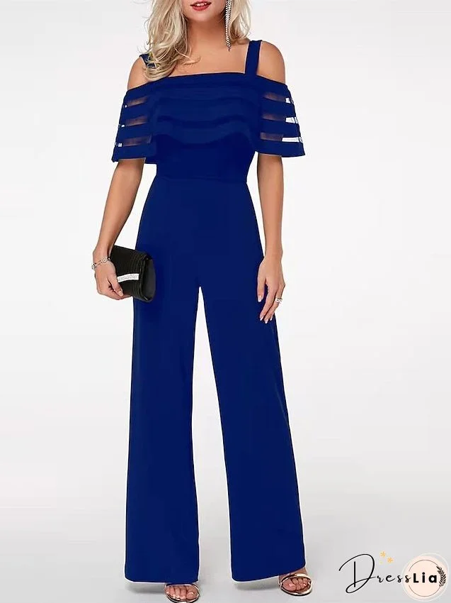 Women's Jumpsuit Mesh High Waist Solid Color Square Neck Business Party Work Regular Fit Short Sleeve Black Blue Spring