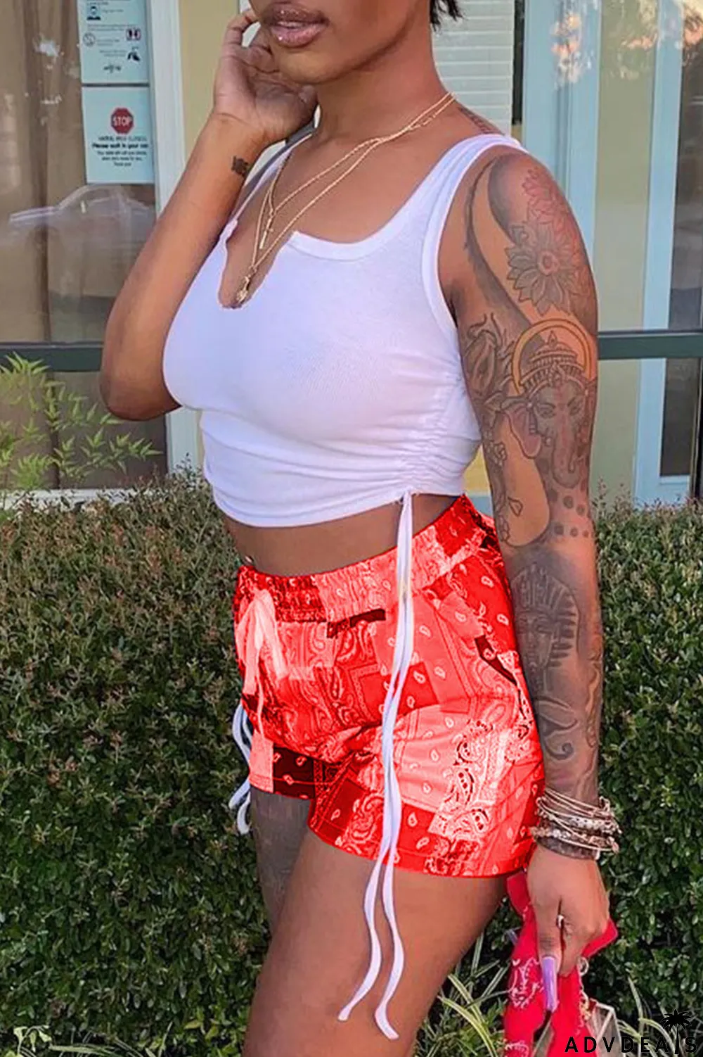 Grey Sexy Print Ripped Contrast Spaghetti Strap Sleeveless Two Pieces