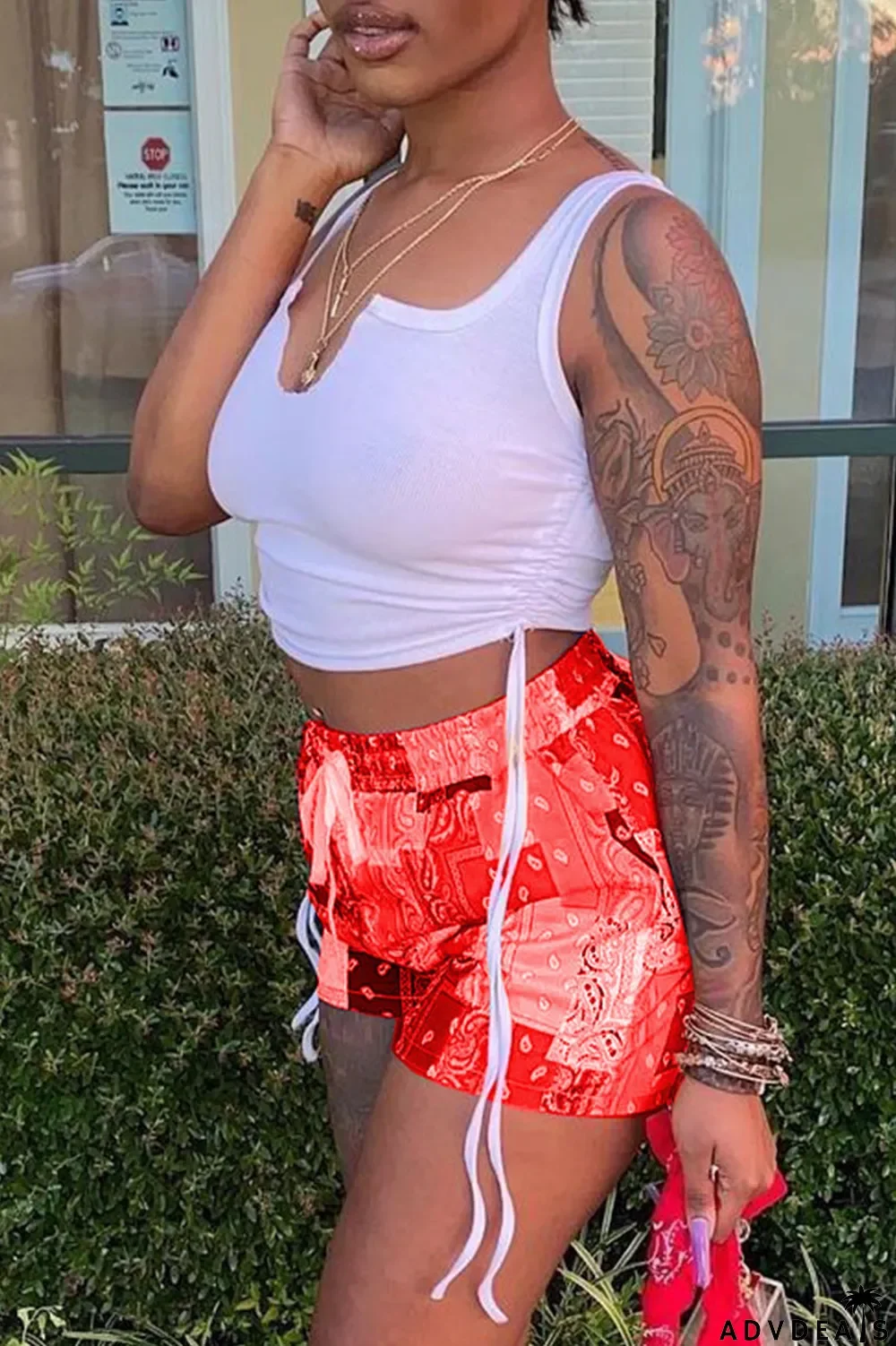 Grey Sexy Print Ripped Contrast Spaghetti Strap Sleeveless Two Pieces