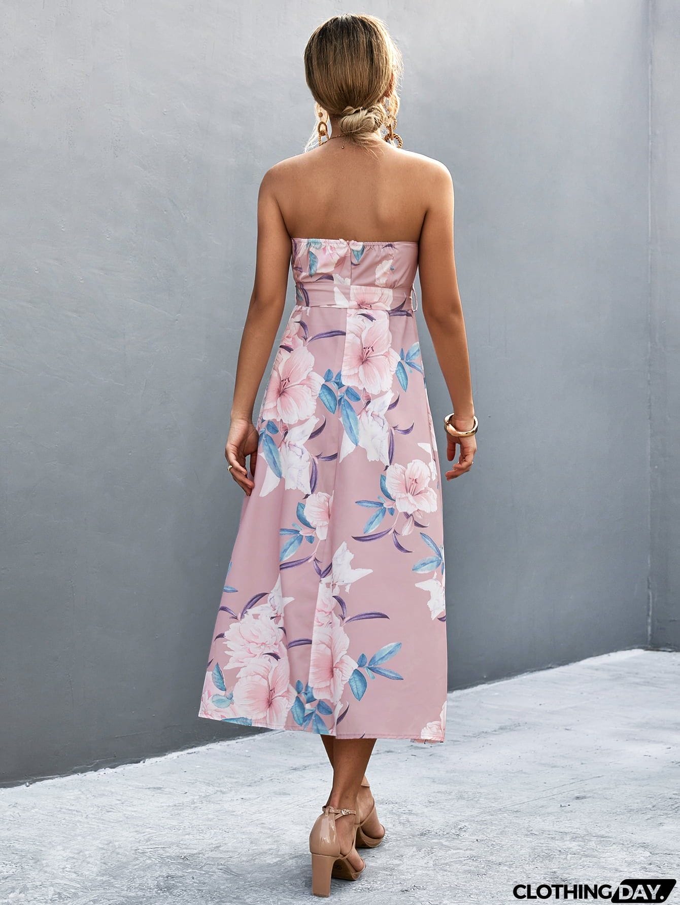 Floral Print Tie Waist Straight Neck Midi Dress