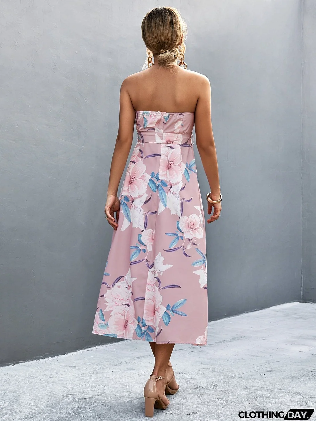 Floral Print Tie Waist Straight Neck Midi Dress