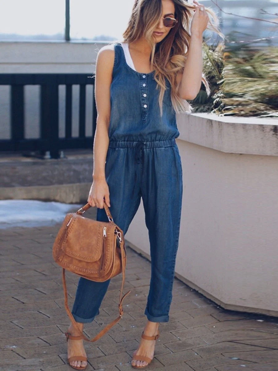 Buttons Neck Elastic Drawstring Waist Denim Jumpsuits