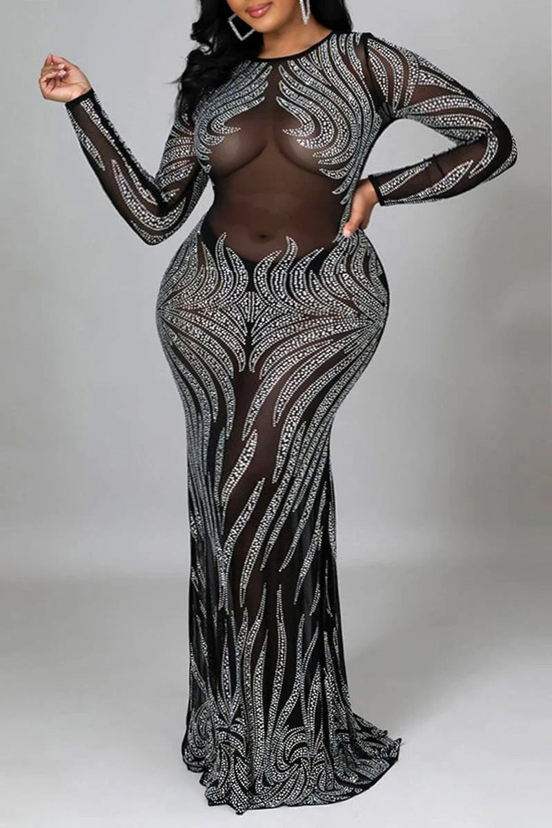 Plus Size Round Neck Long Sleeve Hot Drilling See-through Maxi Dress
