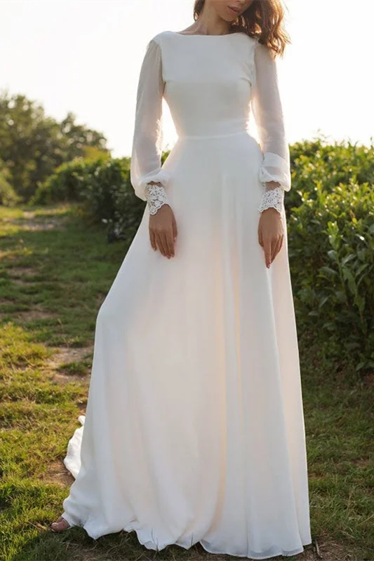 Daisda Backless Chiffon Wedding Long Sleeves Dress