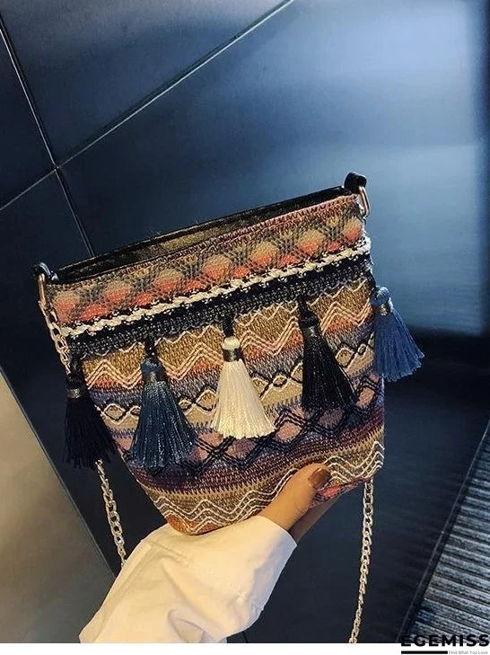 Bohemian National Style Weaving Tassel Bucket Bag Shoulder Bag Crossbody Bag | EGEMISS