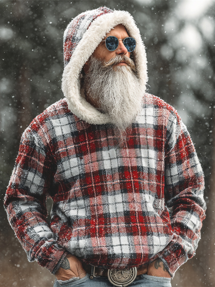 Christmas Plaid Pattern Men's Hooded Sweater elevenforest