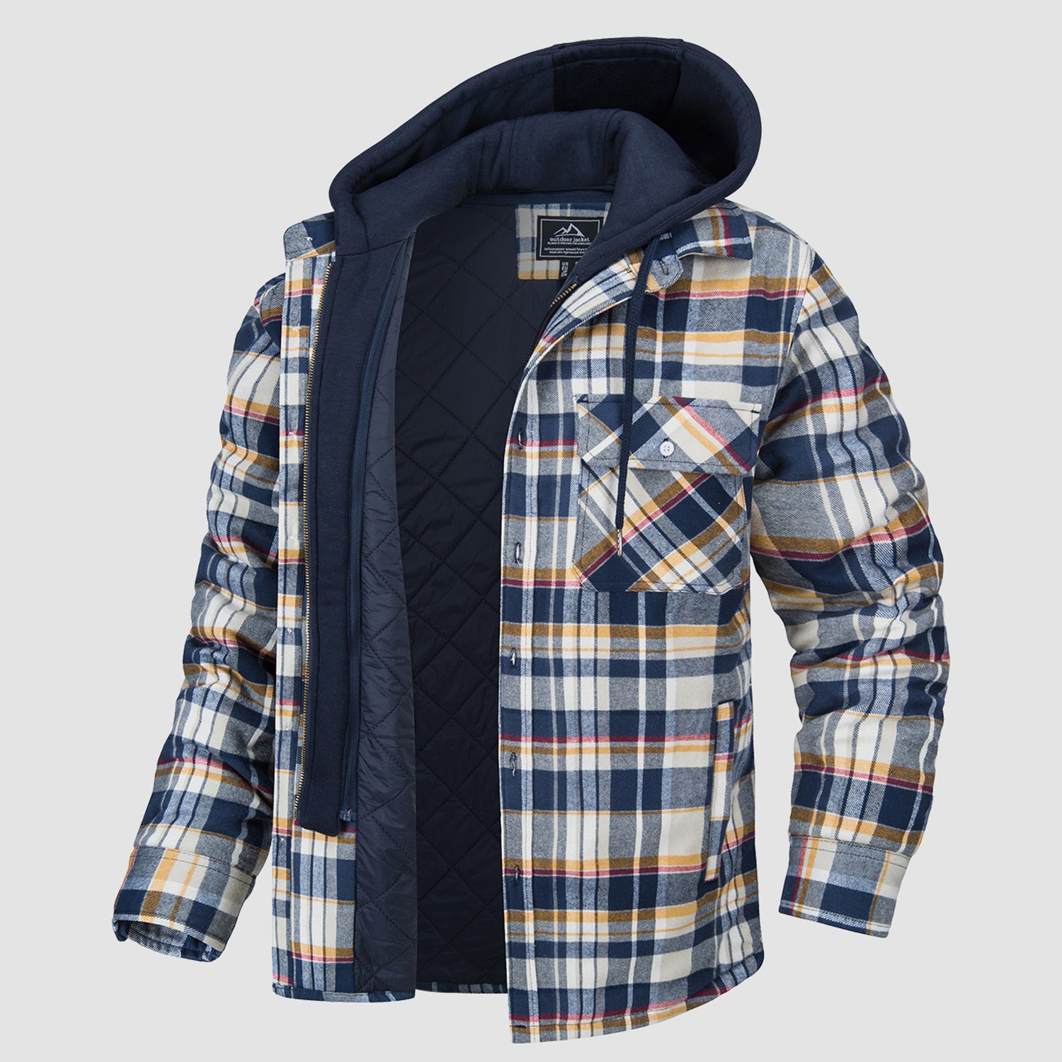 Men's Flannel Shirt Jacket with Removable Hood 5 Pockets Plaid Quilted ...