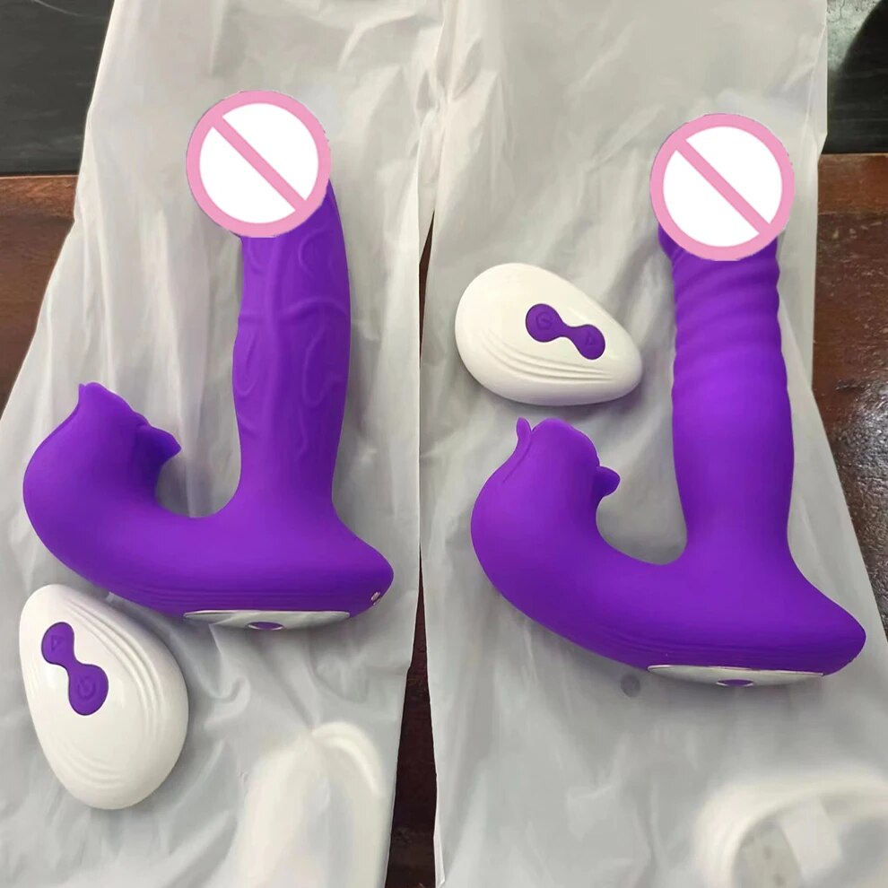 Fjernkontroll thrusting teleskopisk vibrator med klitoris sugestimulator