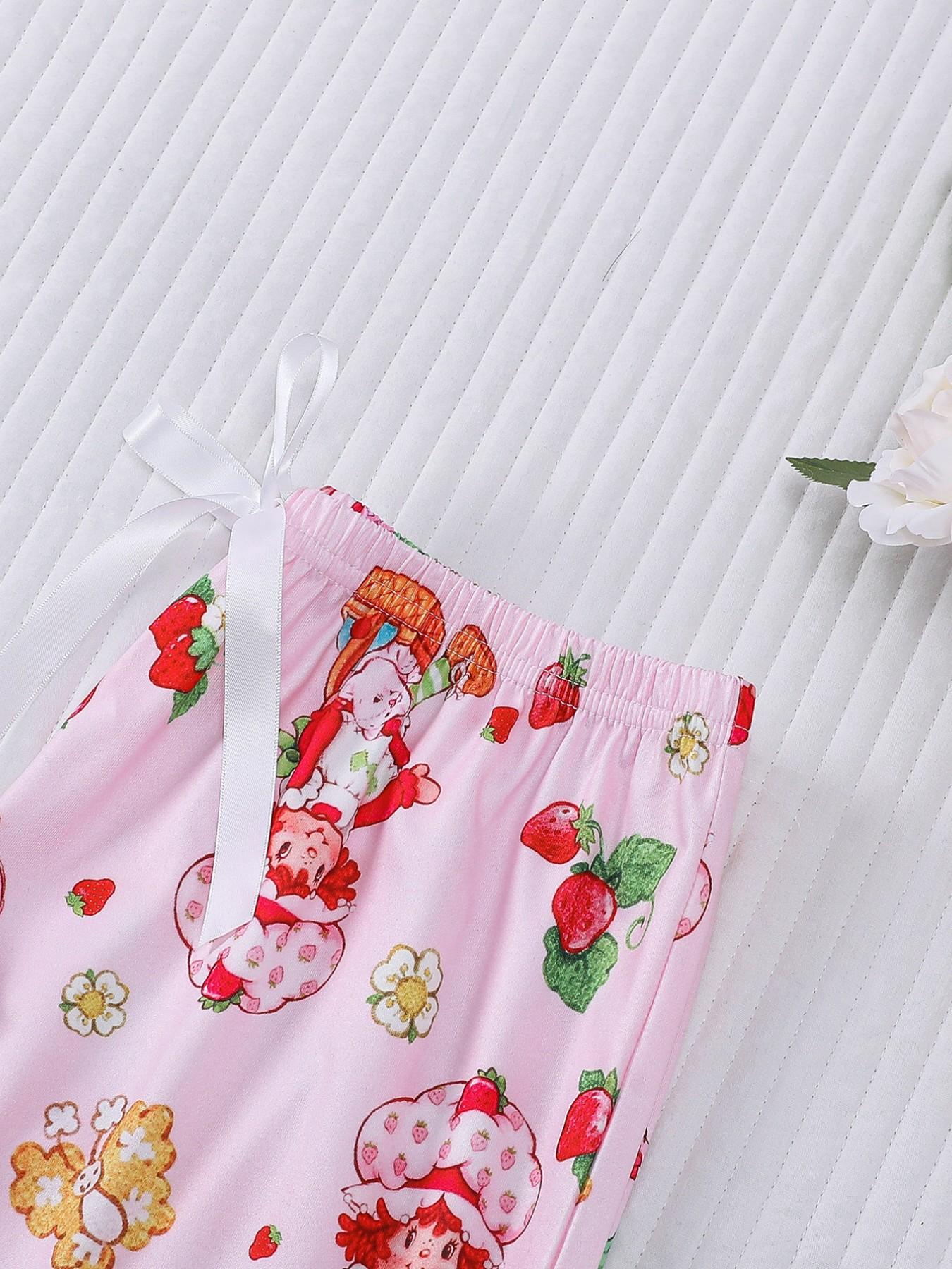 Women's Casual Cute Strawberry Print 3 Piece Pajama Set, Soft Short Sleeve Top & Relaxed Fit Shorts & Pants, Stylish Sleepwear for Everyday Wear and Festive Occasions