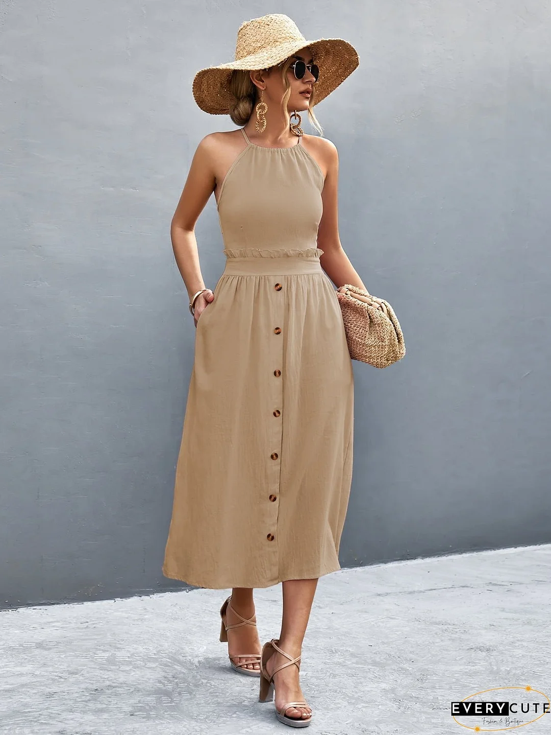 Buttoned Halter Neck Frill Trim Midi Dress