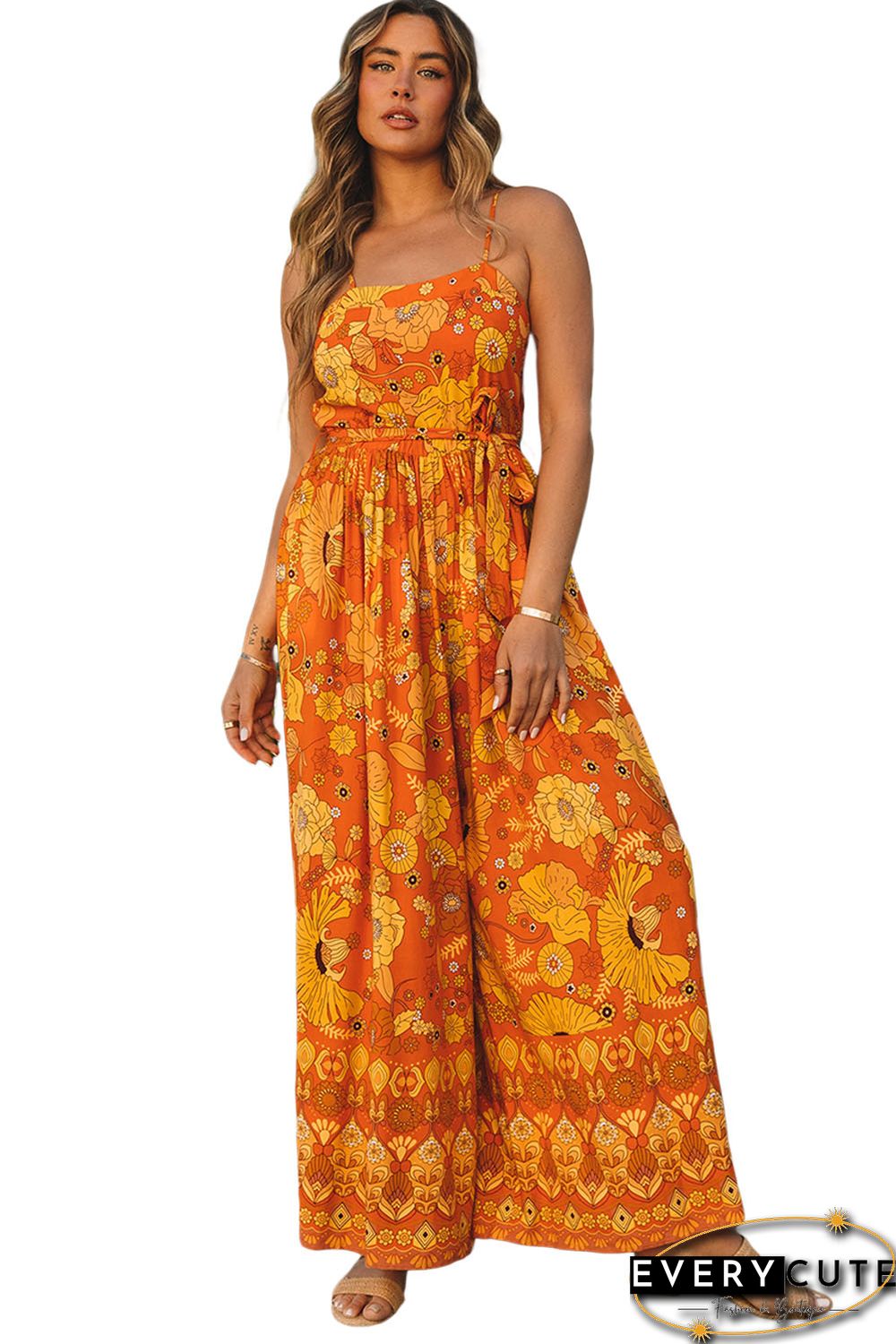 Orange Floral Wide Leg Sleeveless Jumpsuit