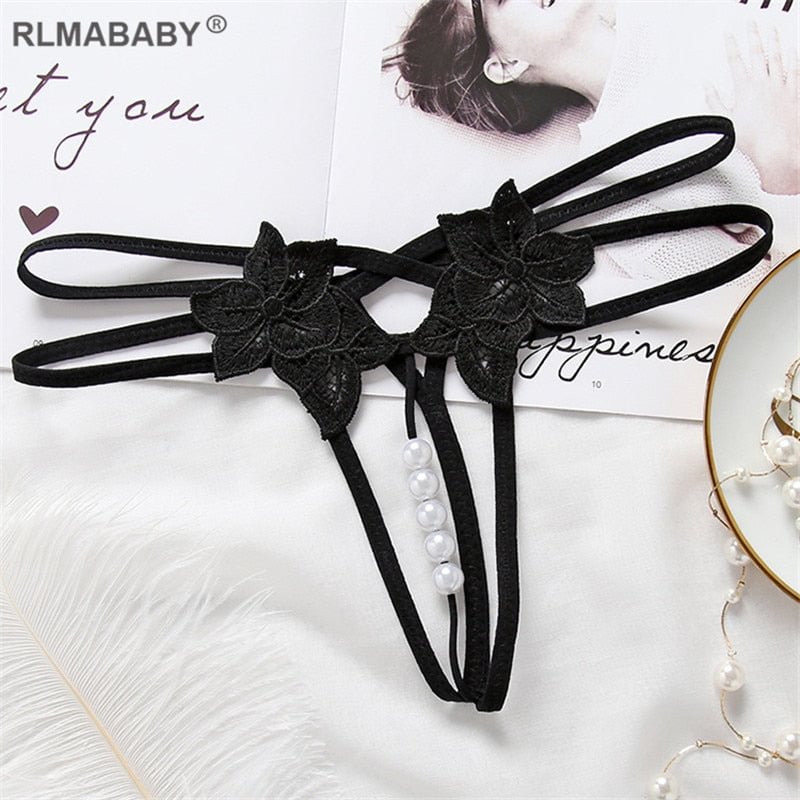 Sexy Hollow Out Hot Women Lingerie G-String Double Strap Pearl Massage Underwear Thong Solid Color Low Waist Temptation Panties 711