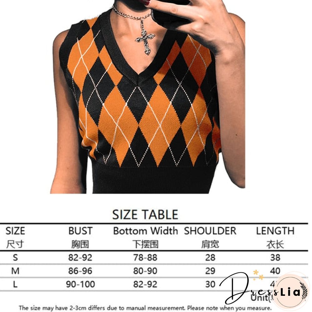 V Neck Vintage Argyle Sweater Vest Women Black Sleeveless Plaid Knitted Crop Sweaters Casual Autumn Preppy Style tops