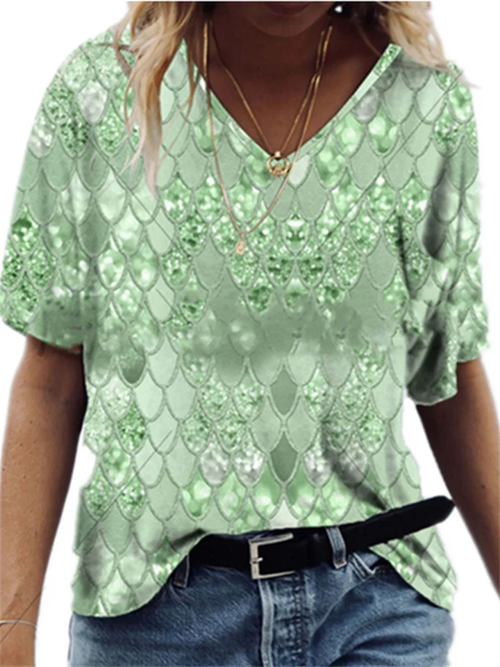 Summer Women's 3D Print Loose V-neck Short-sleeved T-shirt Top Kmmey