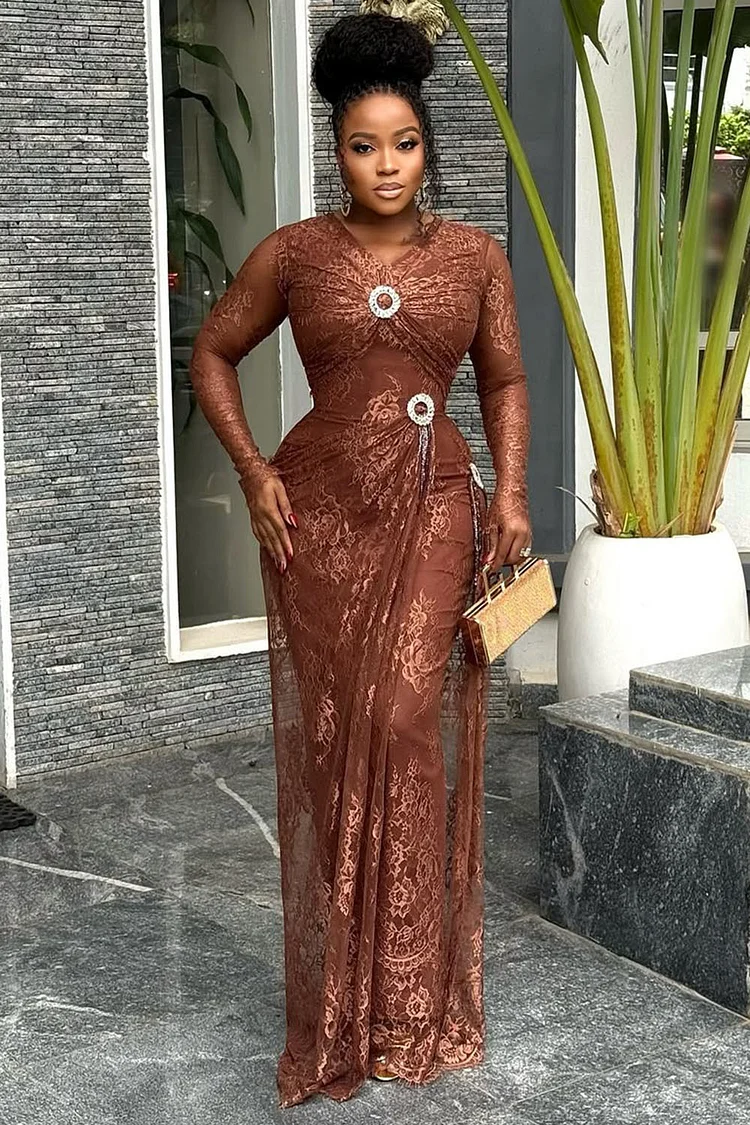 V Neck Long Sleeve Guipure Lace Layered Party Maxi Dresses-Brown