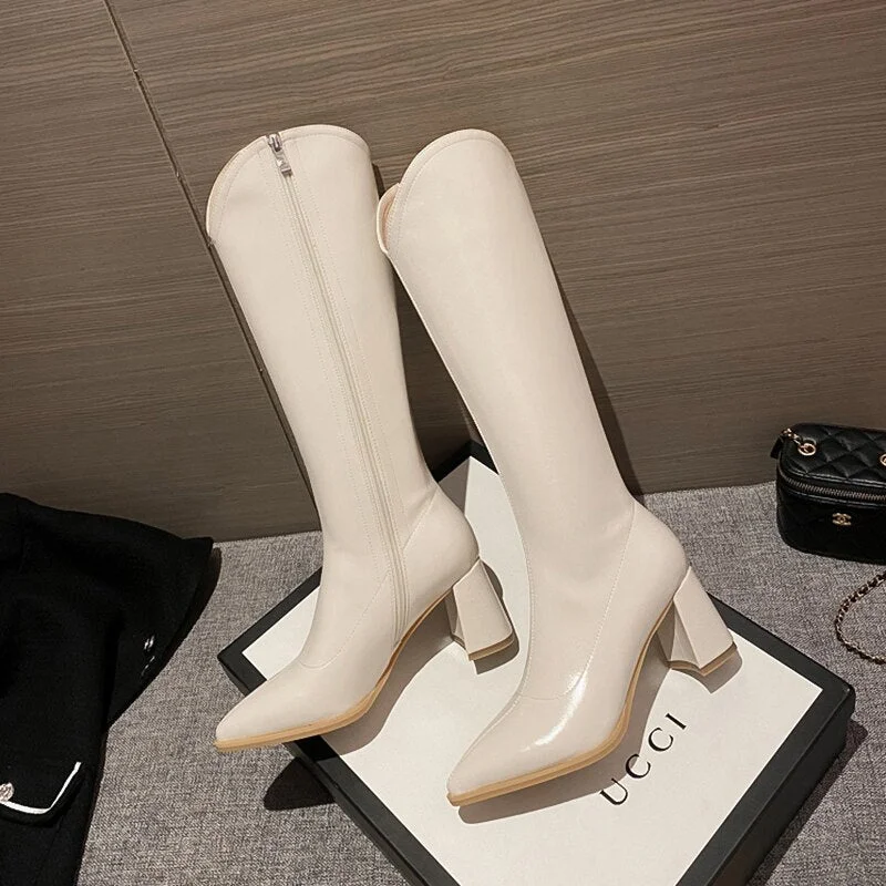 Halloween Lourdasprec Autumn Winter Boots Women Pointed Toe Long Boots Back Zippers Square High Heel Ladies Western Cowboy Knee High Botties