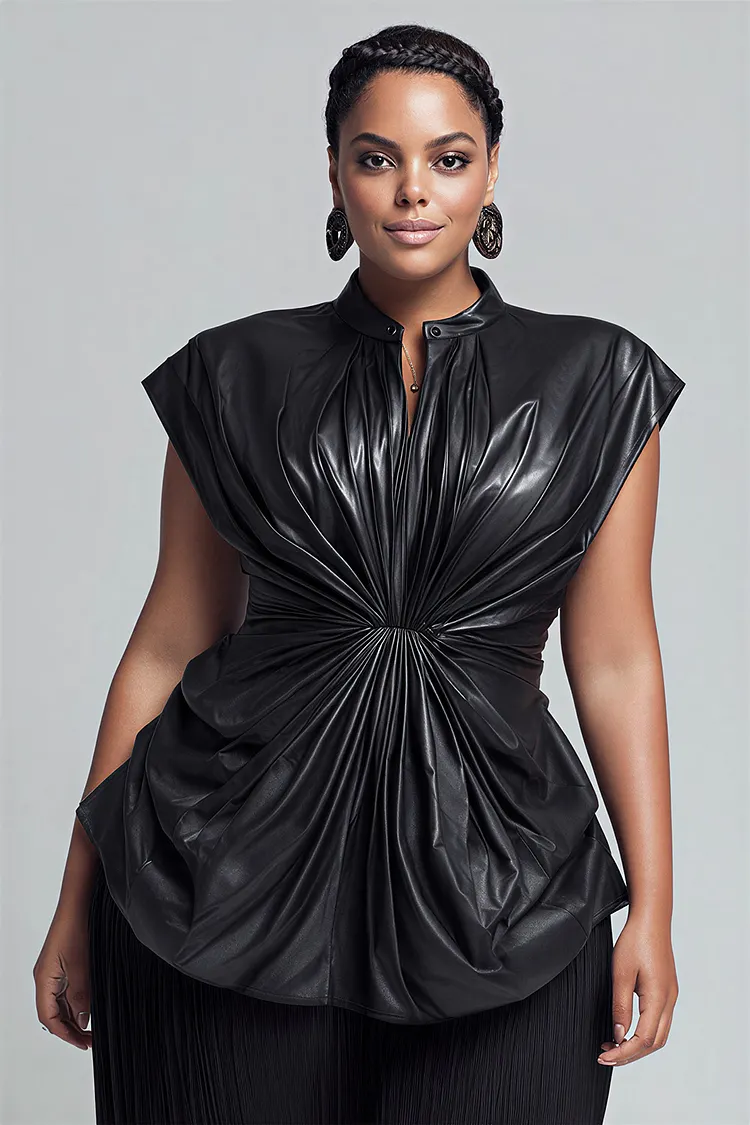 Xpluswear Design Plus Size Business Casual Black Round Neck Fold PU Leather Blouses [Pre-Order] 2024 - Xpluswear