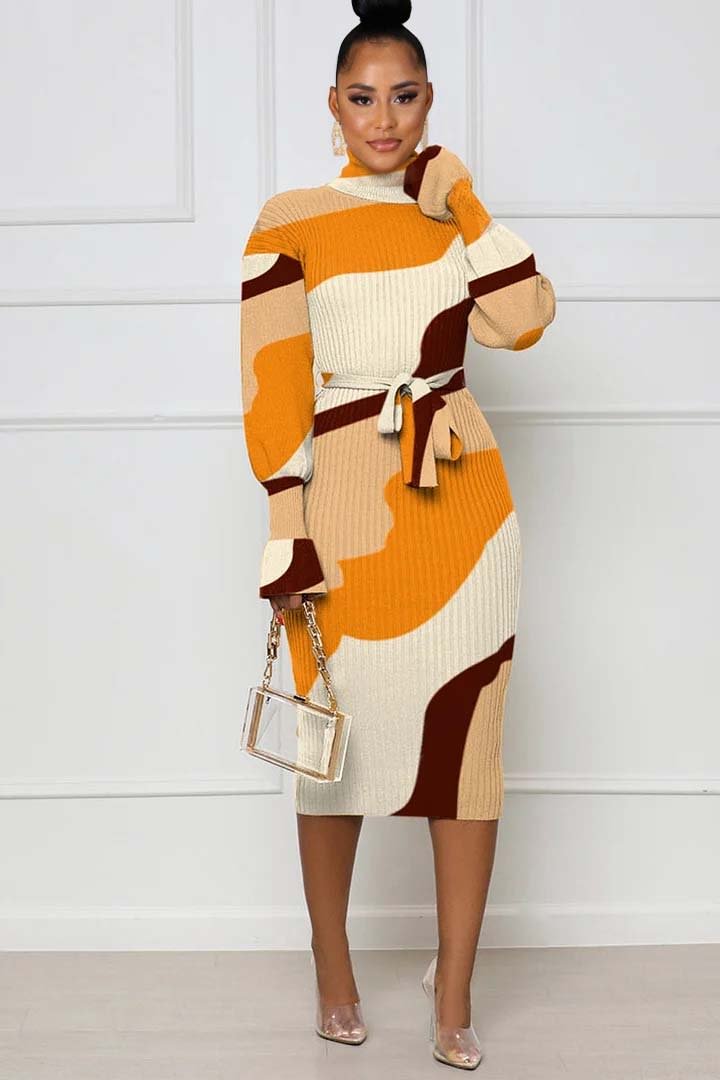 Long Bell Sleeve Knit Colorblock Print Knotted Midi Dresses