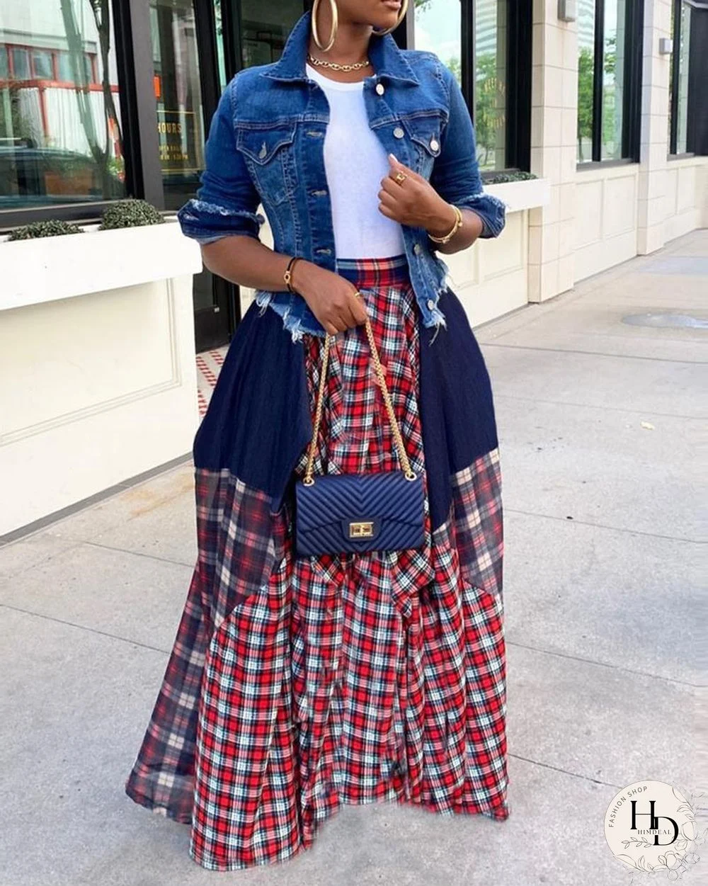 Plaid Colorblock Pleated Maxi Skirt