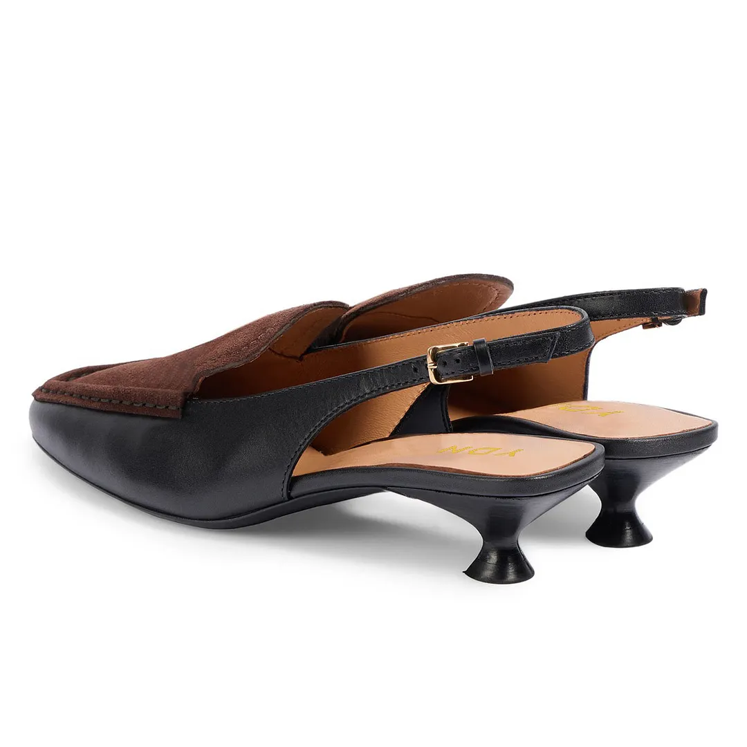 Black and Brown Patchwork Square Toe Loafer Slingback Pumps