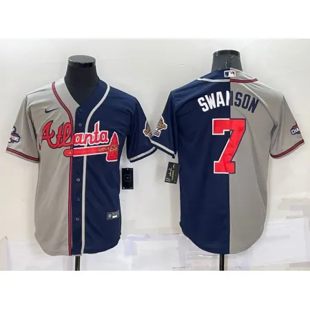 Men's Atlanta Braves #7 Dansby Swanson Gray Navy Two Tone Split Cool Base Stitched Baseball Jersey