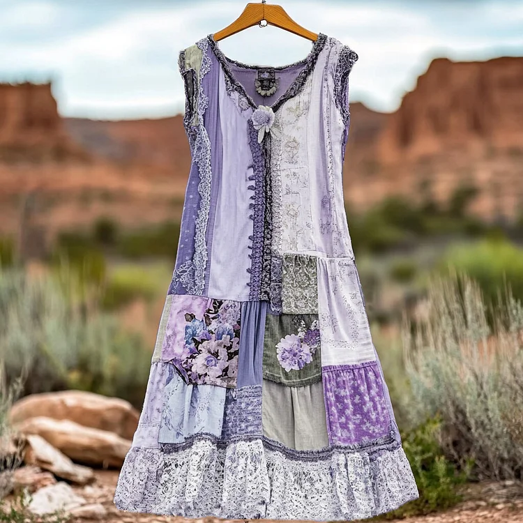 VChics Women's Vintage Floral Lace Patch Comfort Dress