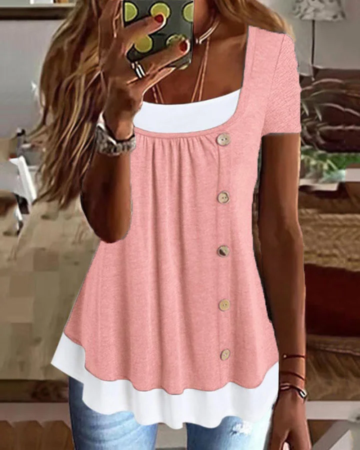 Ladies Round Neck Loose Pleated Button Fake Two-Piece Short Sleeve T-Shirt