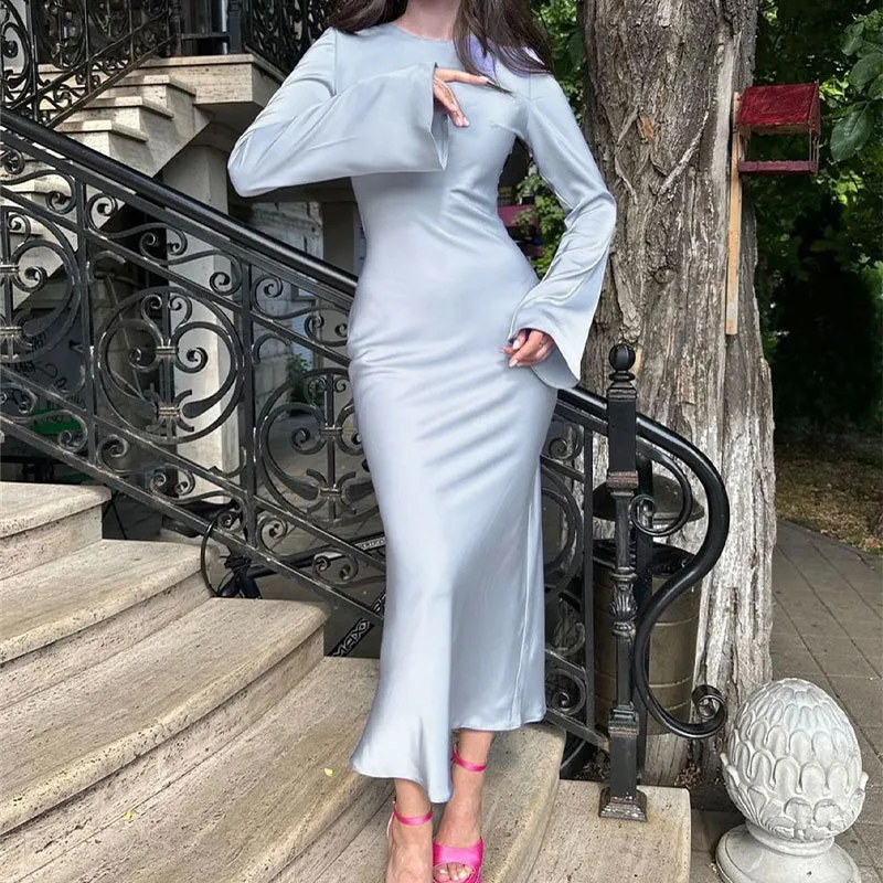 Uveng Uveng Women's New French Elegant Solid Color Round Collar Closed Waist Long Sleeve Temperament Winter Dress