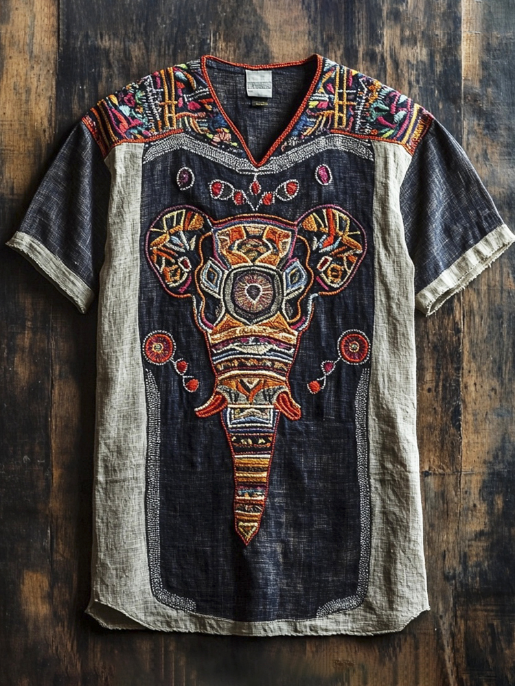African Elephant Tribe Geometric Embroidery Men's V-neck Linen Shirt