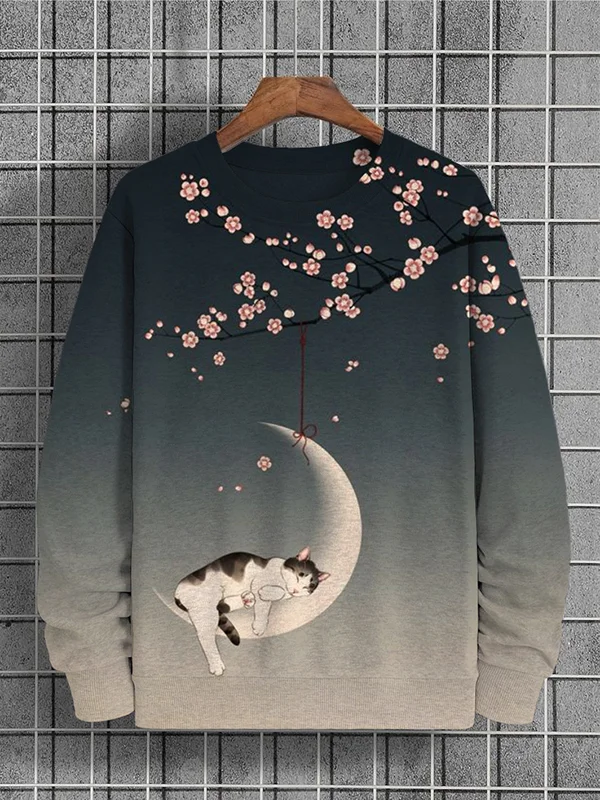 Men's Sleeping Cat On The Moon Night Sakura Japanese Art Painting Print Sweatshirt