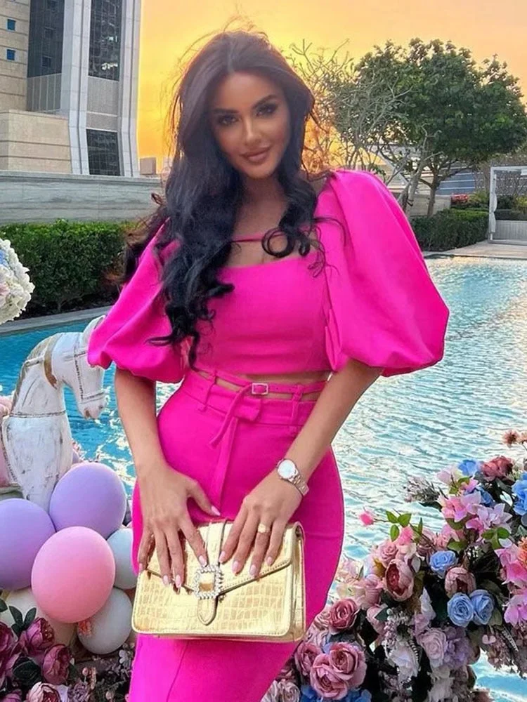 Back to school  2022 Rose Red Cropped Top Women Sexy Backpack Hip Skirt Short Puff Sleeve Top Women Fashion Summer Streetwear