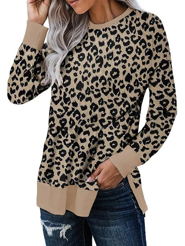Women's Long Sleeves Round Neck Leopard Printed Top