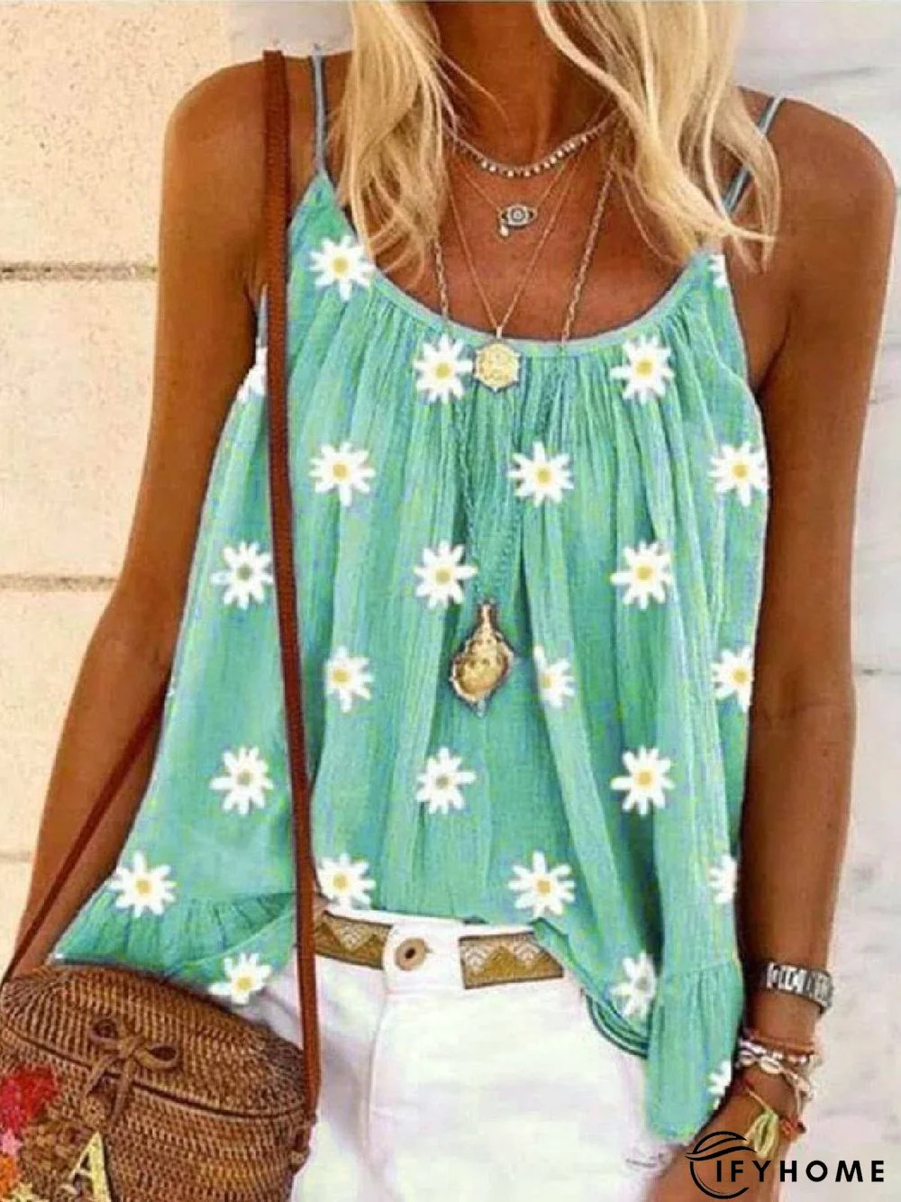 Sleeveless Floral-Print Casual Spaghetti T-shirt | IFYHOME