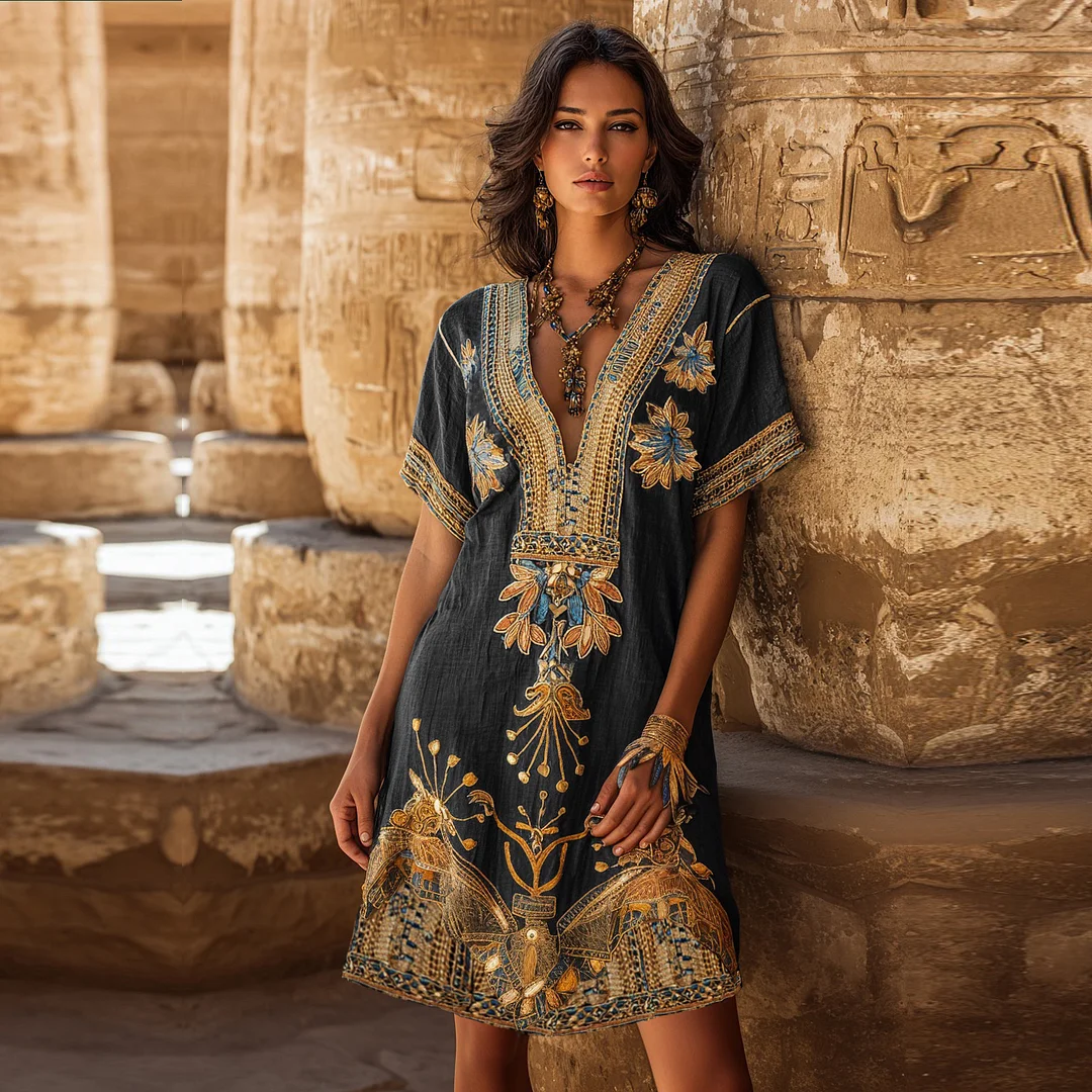 Women's Vintage Egyptian Floral Embroidery Art Casual V Neck  Linen Dress