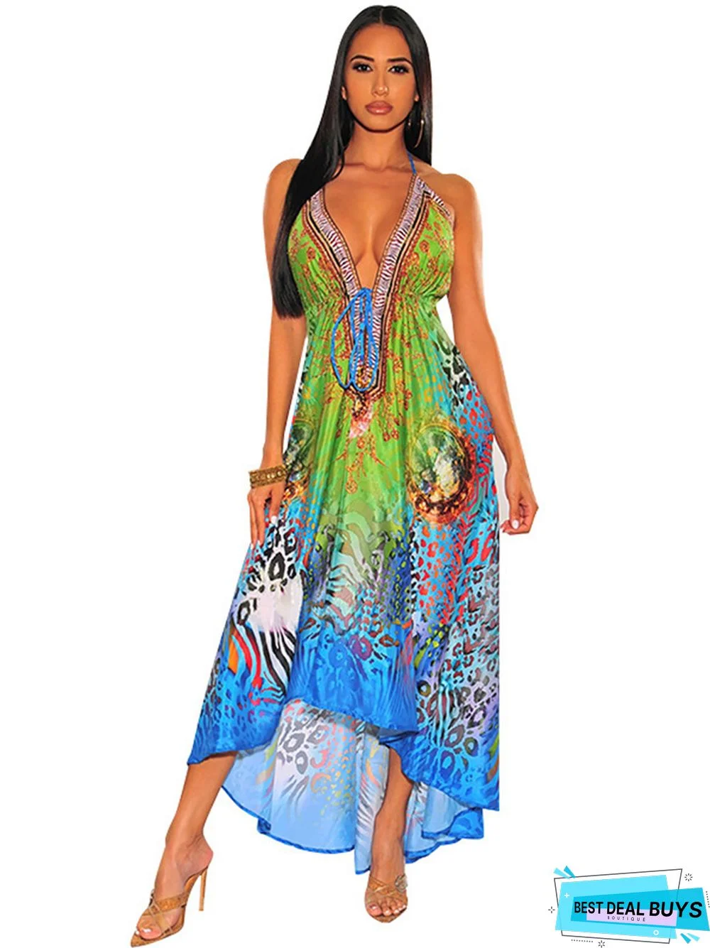 Vintage V-Neck Sexy Backless Skirt Printed Suspender Dress