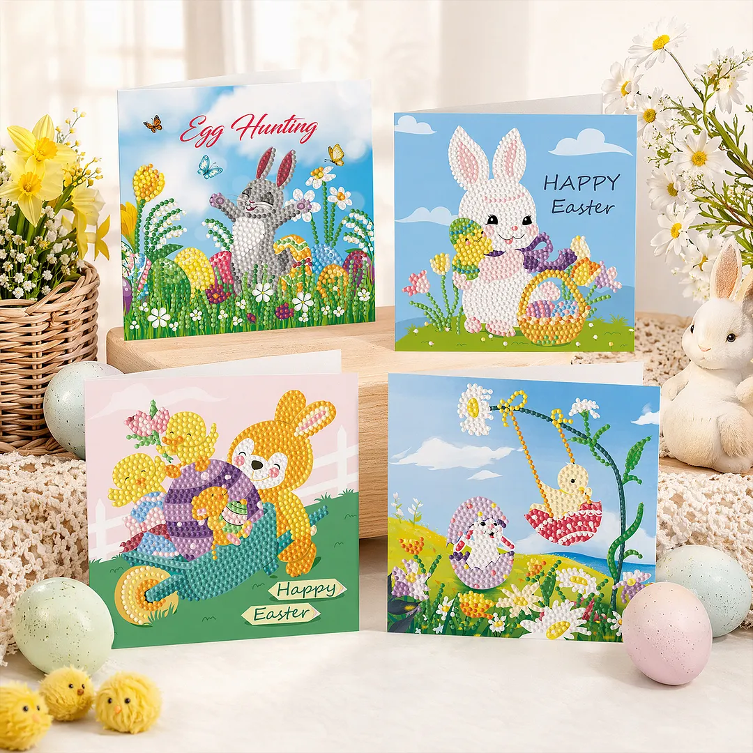 4Pcs Rabbit Easter Egg Theme DIY Diamond Painting Greeting Card Set with Envelopes 5D Unique Rhinestone Arts Card Rhinestone Diamonds Art Postcards for Adults Gifts Families Friends Partners