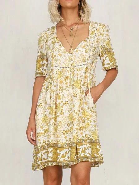 Yellow Floral-Print V Neck Short Sleeve Pants