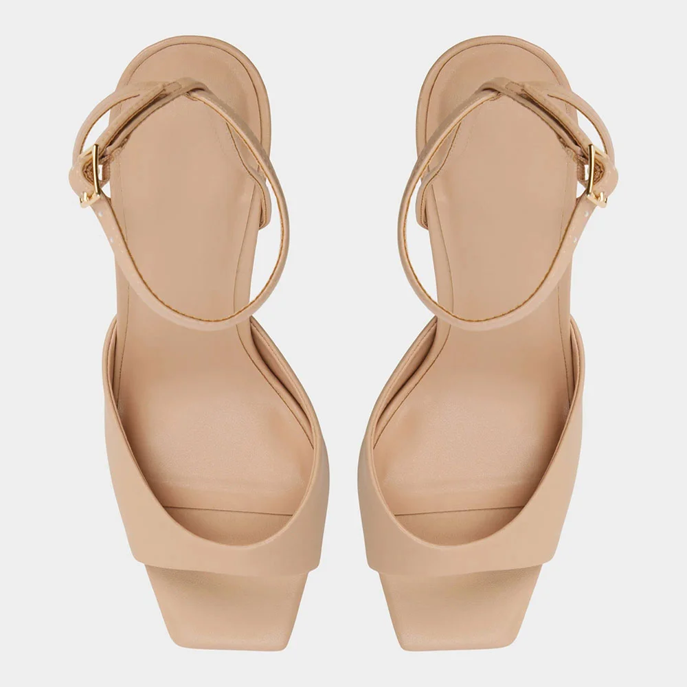 Women's Vegan Leather Square Toe High Heel Ankle Strap Nude Sandals