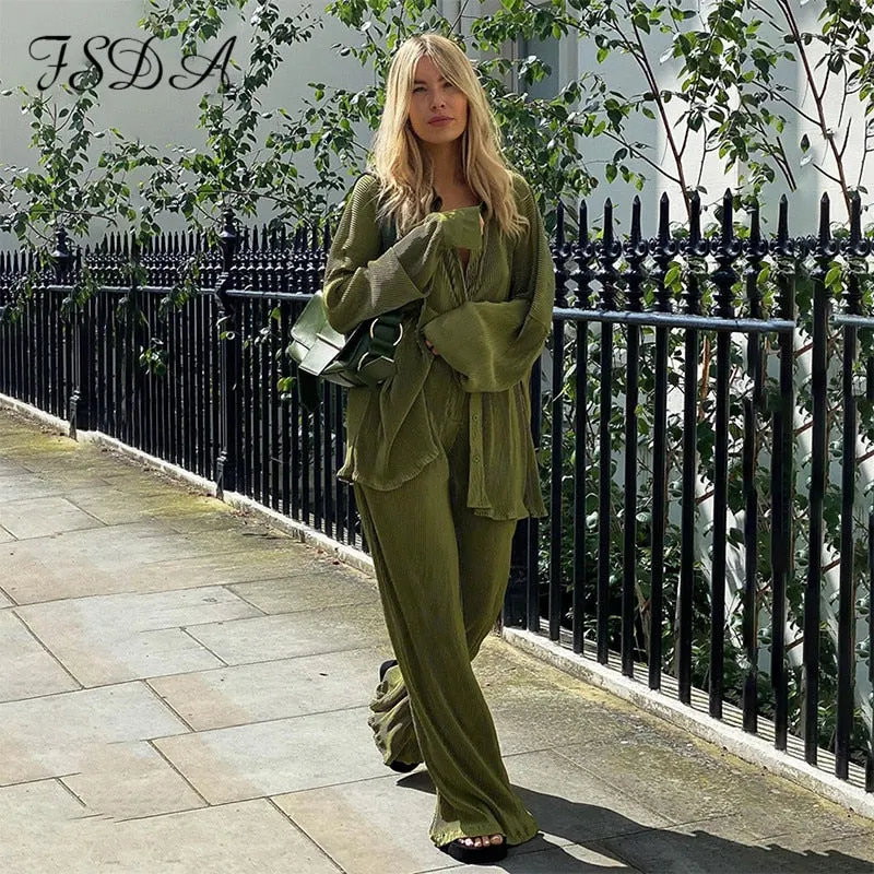 FSDA 2021 Elegant Tracksuit Women Green Autumn Winter Long Sleeve Blouse Top Shirts And Pants Casual Two Piece Sets Party Outfit