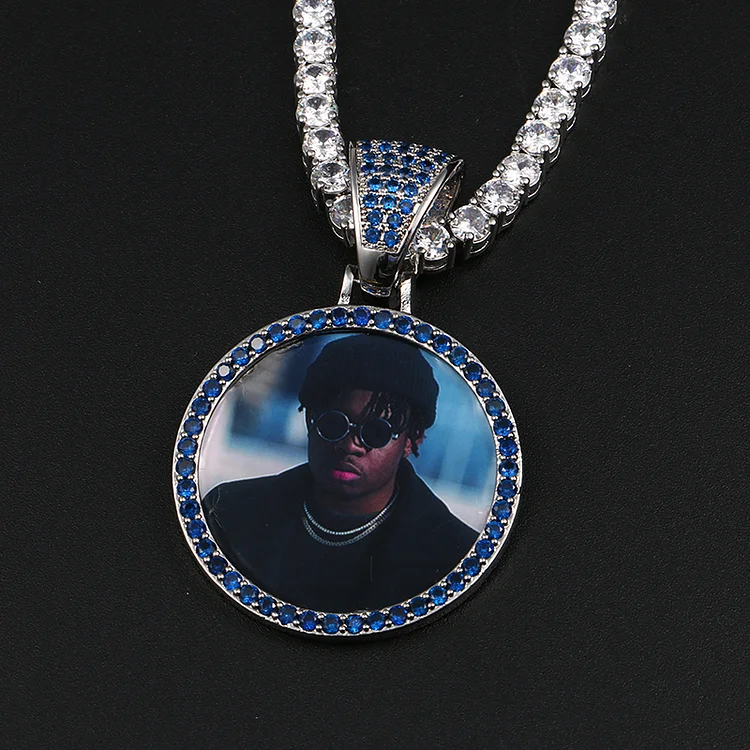 Custom Photo Blue Zircon Medallion Pendant Necklace Hip Hop Jewelry-VESSFUL