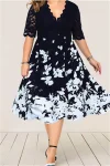 Plus Size Flower Printed Lace Midi Dress