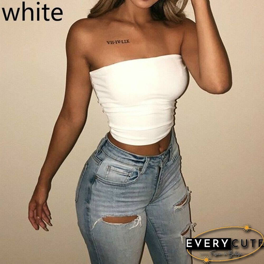 Womens Off Shoulder Strappyless Casual Tank Vest Sleeveless Summer Bodycon Slim Crop tops