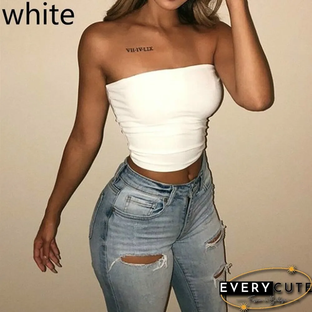 Womens Off Shoulder Strappyless Casual Tank Vest Sleeveless Summer Bodycon Slim Crop tops