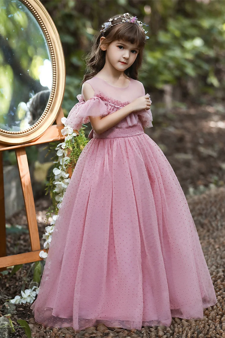 Bellasprom Dusty Pink Tulle Flower Girl Dress Long Ruffle Sleeves With Spot