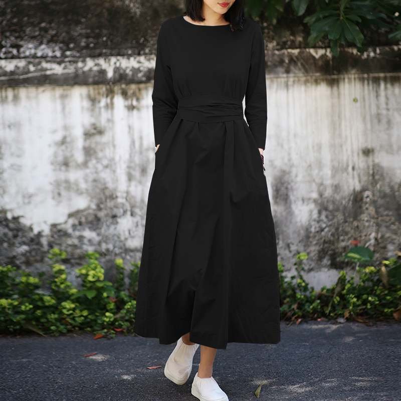 2022 ZANZEA Women Elegant Spring Long Sleeve Lace Up Sundress Vintage OL Work Vestidos Solid Kaftan Dress Robe Femme Oversize